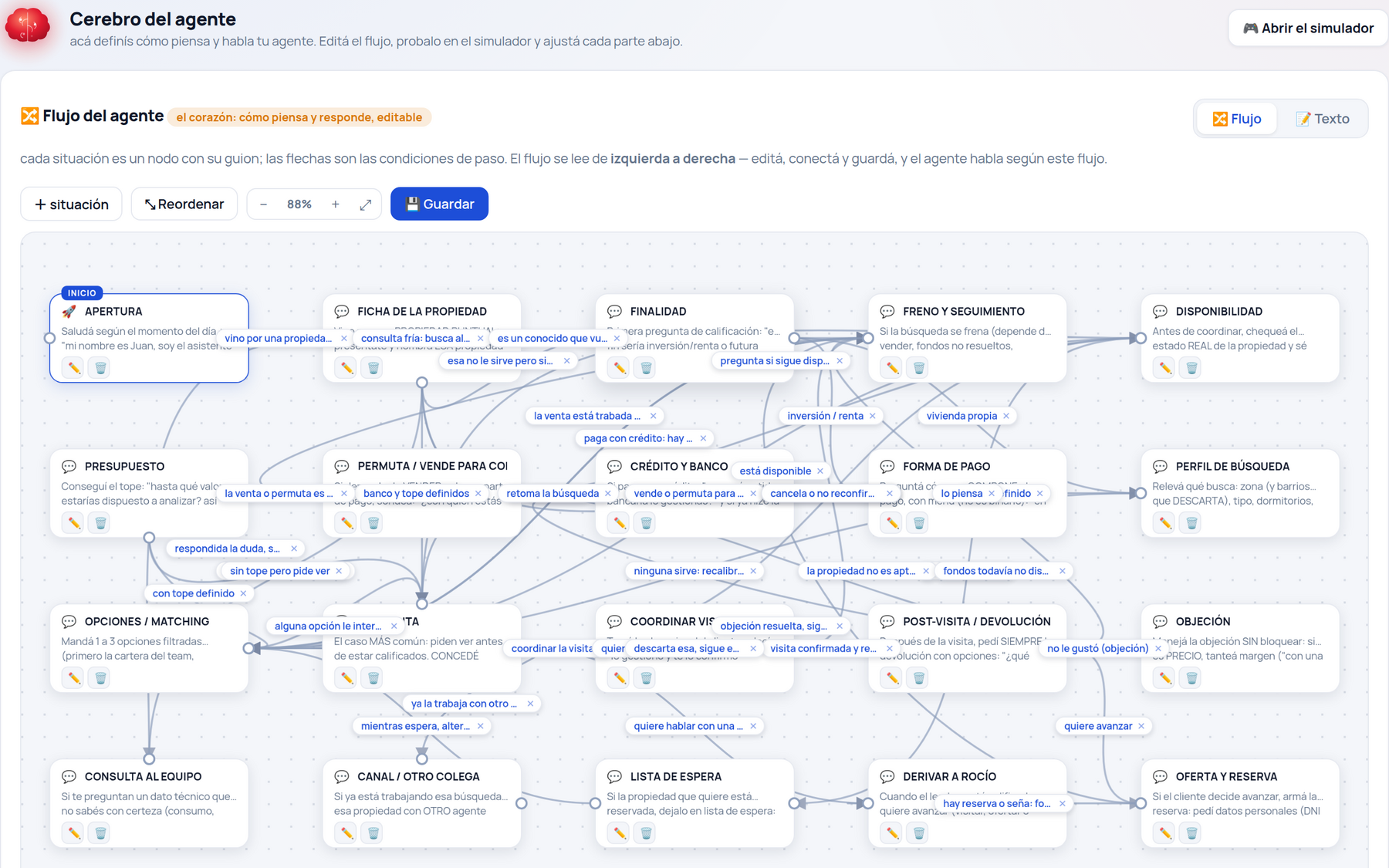 El Cerebro del agente: flujo conversacional editable, criterios y entrenamiento