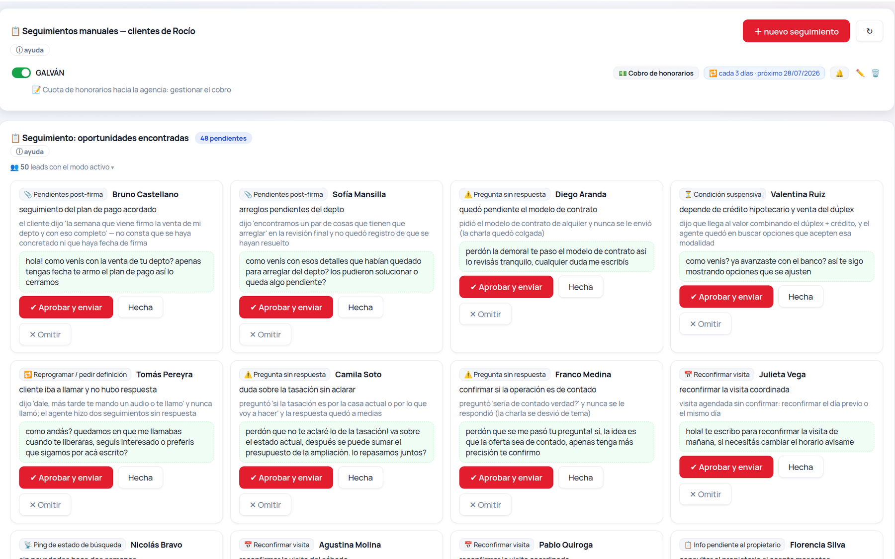Seguimientos manuales y oportunidades detectadas por la IA con aprobación en un clic