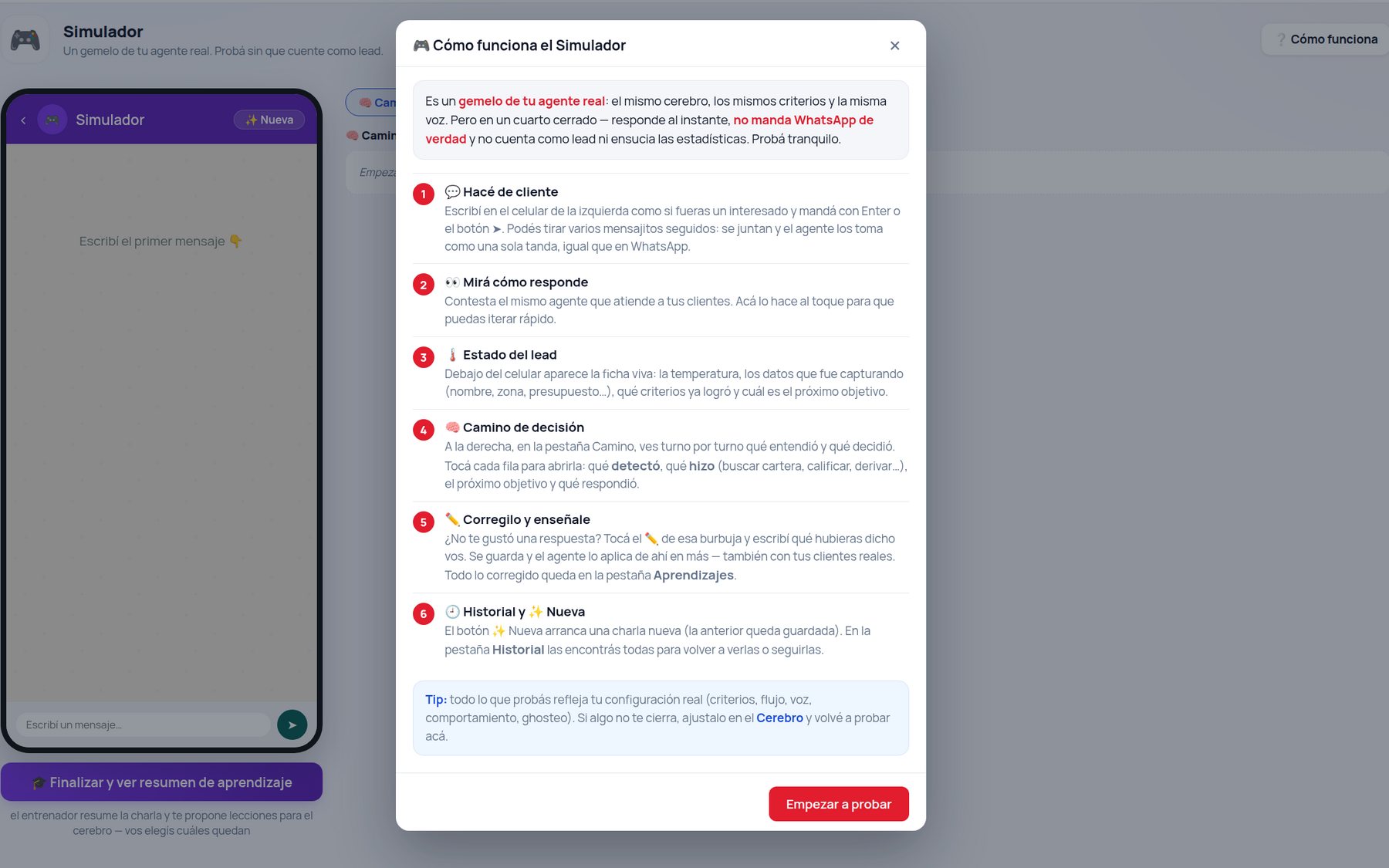 Simulador: chateá con tu propio agente como si fueras un cliente y corregilo