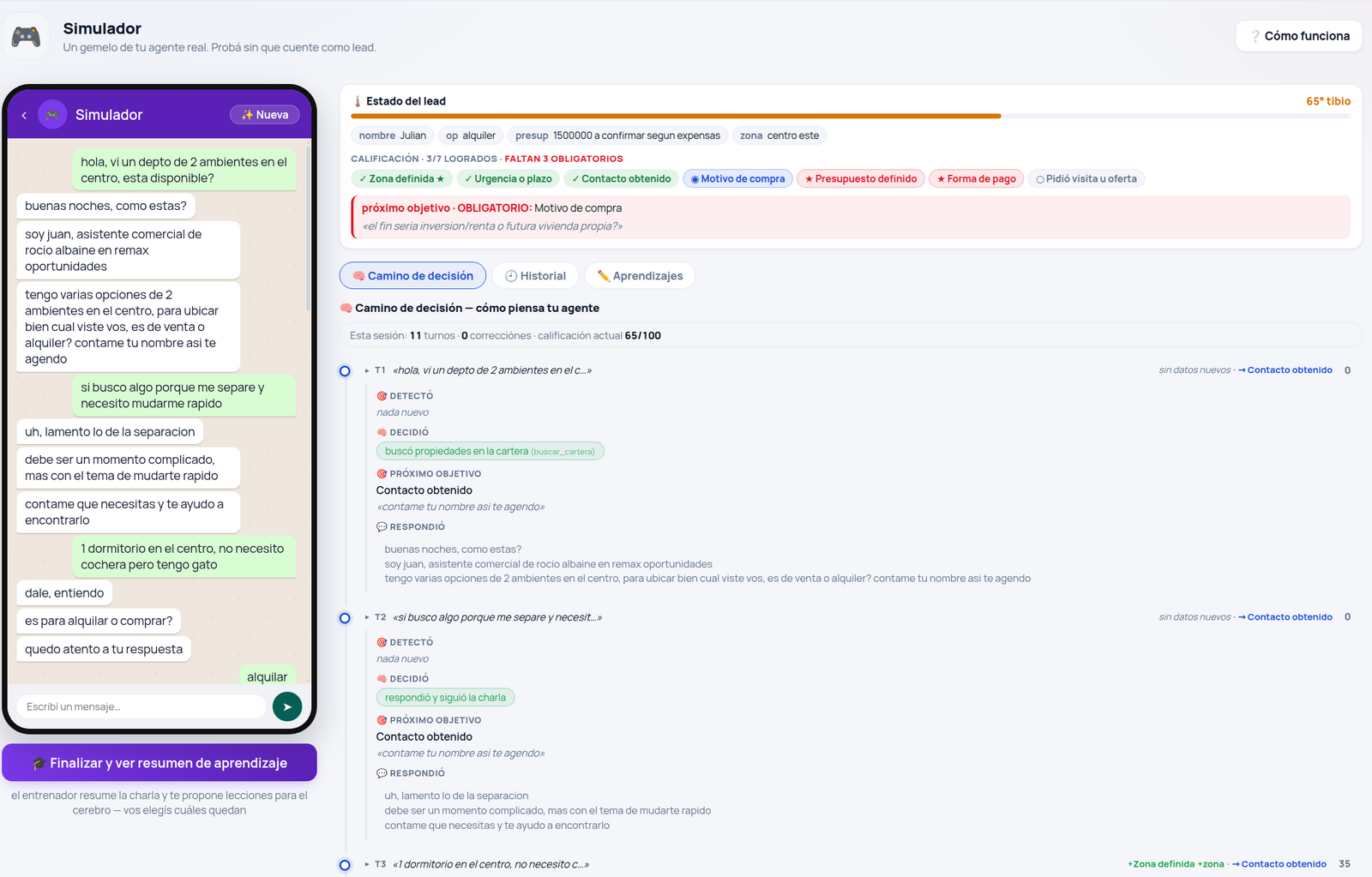 El Simulador en acción: a la izquierda el chat como lo ve el cliente y a la derecha el camino de decisión turno por turno — qué detectó, qué decidió y qué respondió el agente — junto al estado del lead con su calificación en vivo